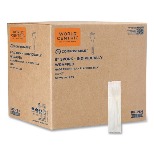 TPLA Wrapped Cutlery, Spork, Plastic, Light Beige, 750/Carton