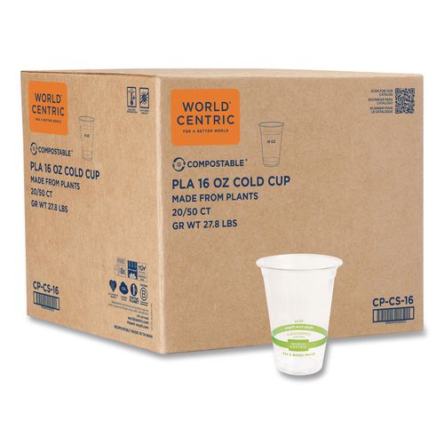 PLA Clear Cold Cups, 16 oz, Plastic, Clear, 1,000/Carton