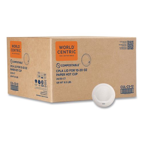 PLA Lids for Hot Cups, Fits 10 oz to 20 oz Hot Cups, Plastic, White, 1,000/Carton