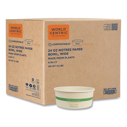 No Tree Wide Paper Bowls, 24 oz, 5.9" Diameter x 2.4" h, Natural, Sugarcane, 300/Carton