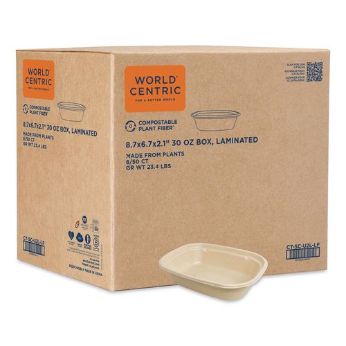 Laminated Fiber Containers, 30 oz, 6.7 x 8.7 x 2.1, Natural, Sugarcane Fiber, 400/Carton