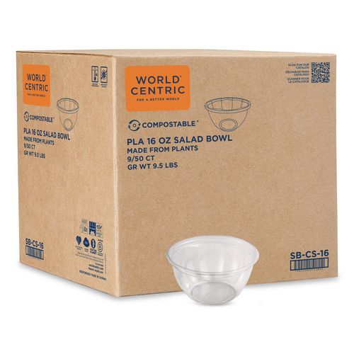 PLA Salad Bowls, 16 oz, 5.4" dia x 2.7"h, Clear, Plastic, 450/Carton
