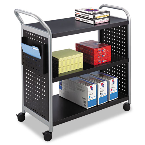 Image of Safco® Scoot Three Shelf Utility Cart, Metal, 3 Shelves, 1 Bin, 300 Lb Capacity, 31" X 18" X 38", Black/Silver