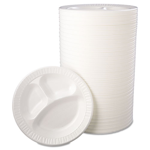 Image of Laminated Foam Dinnerware, Plate, 3-Compartment, 10.25" dia, White, 125/Pack, 4 Packs/Carton