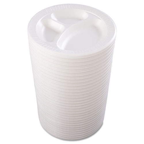 Image of Dart® Quiet Class Laminated Foam Dinnerware, Plates, 3-Compartment, 10.25" Dia, White, 125/Pack, 4 Packs/Carton