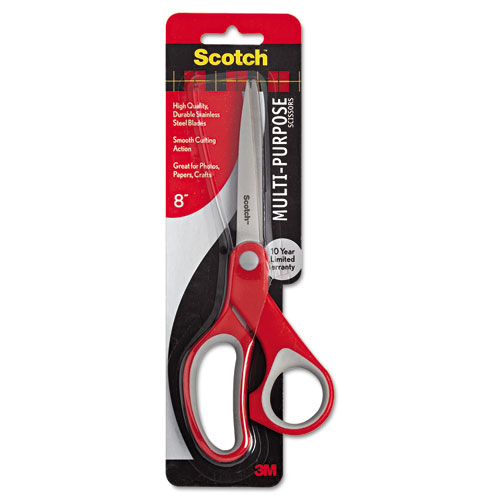 Image of Multi-Purpose Scissors, 8" Long, 3.38" Cut Length, Gray/Red Straight Handle