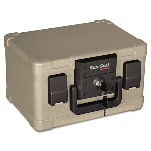 Fire and Waterproof Chest, 0.15 cu ft, 12.2w x 9.8d x 7.3h, Taupe | by Plexsupply