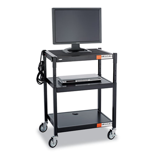 Image of Adjustable-Height Steel AV Cart, Metal, 3 Shelves, (5) AC Outlets, 120 lb Capacity, 27.25" x 18.25" x 36.5", Black