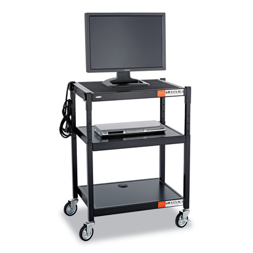 Adjustable-Height Steel AV Cart, Metal, 3 Shelves, (5) AC Outlets, 120 lb Capacity, 27.25" x 18.25" x 36.5", Black