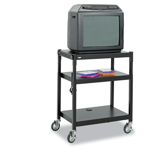 Adjustable-Height Steel AV Cart, Metal, 3 Shelves, (5) AC Outlets, 120 lb Capacity, 27.25" x 18.25" x 36.5", Black