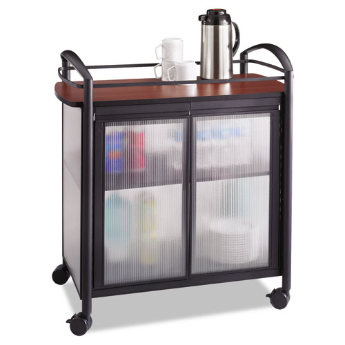 Image of Safco® Impromptu Refreshment Cart/Machine Stand, Engineered Wood, 3 Shelf, 34X21.25X36.5, Cherry/Black, Ships In 1-3 Business Days