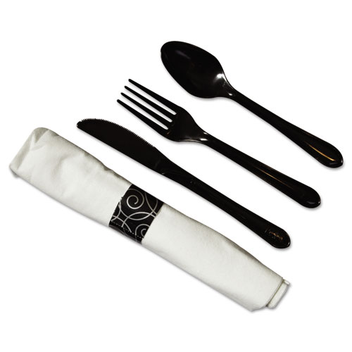 Image of CaterWrap Heavyweight Cutlery Combo, Fork/Spoon/Knife/Napkin, Black, 100/Carton