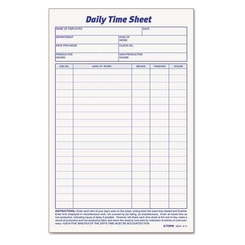 Daily Time and Job Sheets, One-Part (No Copies), 8.5 x 5.5, 200 Forms/Pad, 2  Pads/Pack