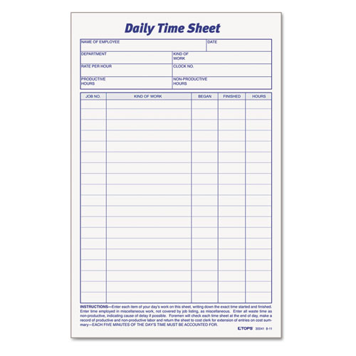 Daily Time and Job Sheets, One-Part (No Copies), 8.5 x 5.5, 200 