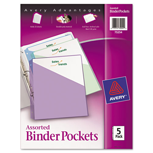 Binder Pockets, 3-Hole Punched, 9 1/4 x 11, Assorted Colors, 5/Pack | by Plexsupply