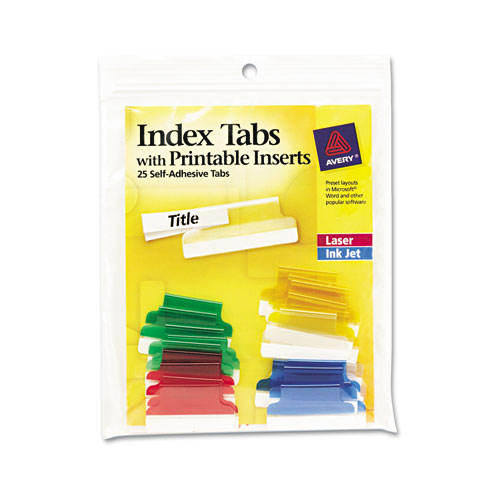 Insertable Index Tabs with Printable Inserts, 1/5-Cut Tabs, Assorted Colors, 1" Wide, 25/Pack | by Plexsupply