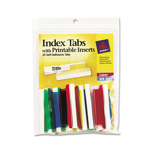 Insertable Index Tabs with Printable Inserts, 1/5-Cut Tabs, Assorted Colors, 2" Wide, 25/Pack | by Plexsupply