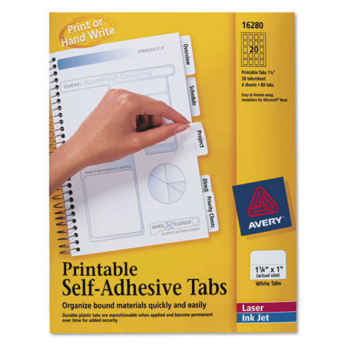 Avery® Printable Plastic Tabs With Repositionable Adhesive, 1/5-Cut, White, 1.25" Wide, 96/Pack