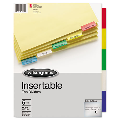 Wilson Jones® Insertable Tab Dividers, 3-Hole Punched, 5-Tab, 11 X 8.5, Buff, Assorted Tabs, 1 Set