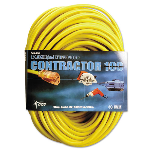 Vinyl Outdoor Extension Cord, 100 Ft, 15 Amp, Yellow