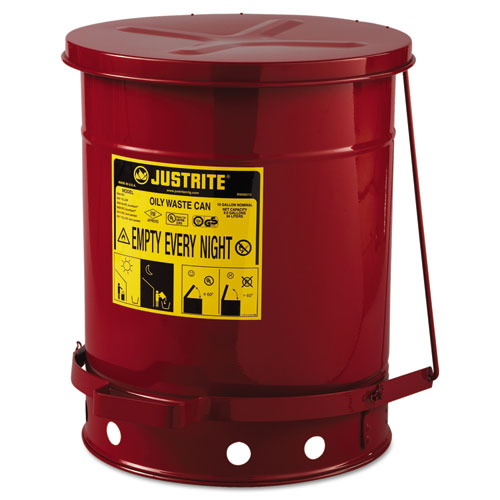 JUSTRITE® Red Oily Waste Can, 10gal, Lever Lid