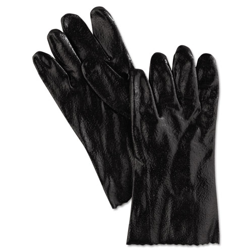 Mcr™ Safety Single Dipped Pvc Gloves, Rough, Interlock Lined, 12" Long, Large, Black, 12 Pair