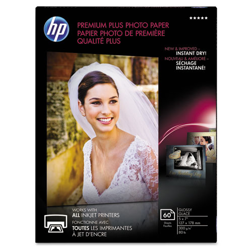 HP Premium Plus Photo Paper, 11.5 mil, 5 x 7, Glossy White, 60/Pack
