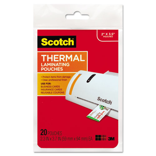 Scotch™ Laminating Pouches, 5 mil, 3.75" x 2.38", Gloss Clear, 20/Pack