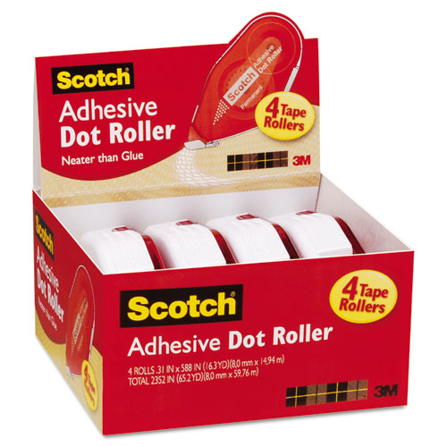 Double-Sided Adhesive Roller, 0.3" x 49 ft, Dries Clear, 4/Pack