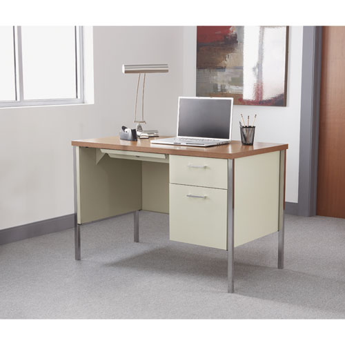 Image of Single Pedestal Steel Desk, 45.25" x 24" x 29.5", Cherry/Putty