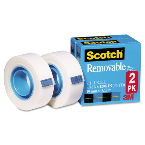 Scotch® Removable Tape, 1" Core, 0.75" x 36 yds, Transparent, 2/Pack