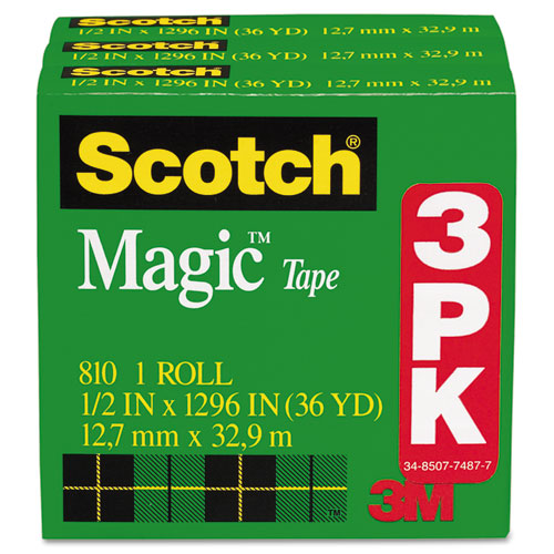 Scotch® Magic Tape Refill, 1/2" x 1296", 1" Core, Clear, 3/Pack