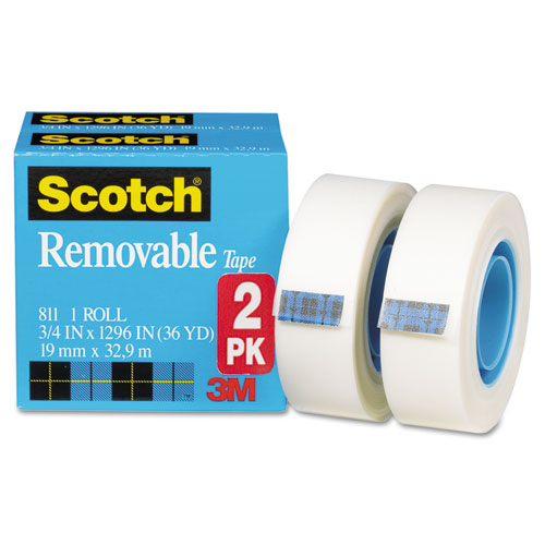 Image of Removable Tape, 1" Core, 0.75" x 36 yds, Transparent, 2/Pack