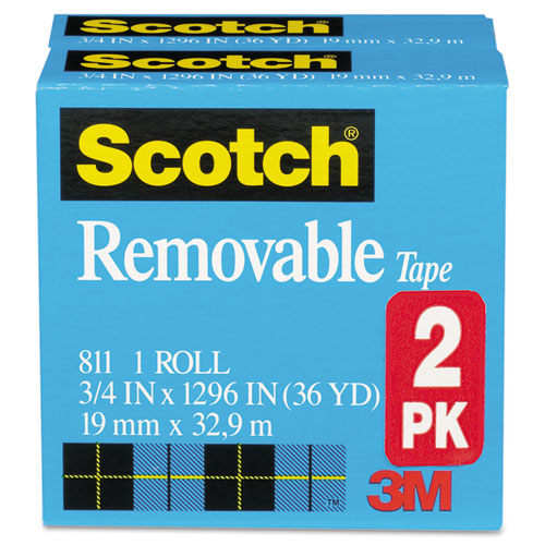 Image of Removable Tape, 1" Core, 0.75" x 36 yds, Transparent, 2/Pack