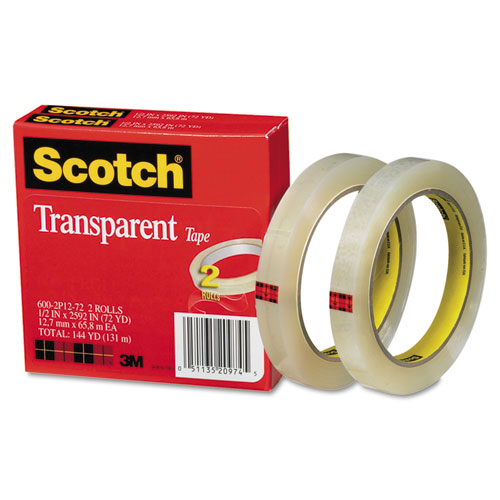 Transparent Tape, 3" Core, 0.5" x 72 yds, Transparent, 2/Pack