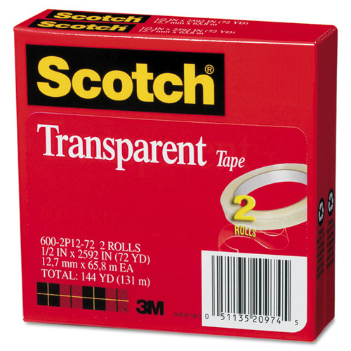 Transparent Tape, 3" Core, 0.5" x 72 yds, Transparent, 2/Pack