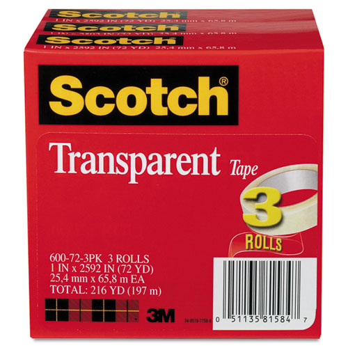 Scotch® Transparent Tape 600 72 3PK, 1" x 2592", 3" Core, Transparent, 3/Pack