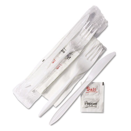 Wrapped Cutlery Kit, 6.25", Fork/Knife/Napkin/Salt/Pepper, Polypropylene, White, 500/Carton