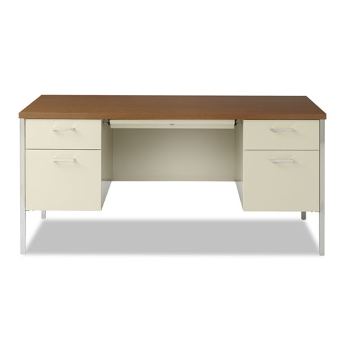 Double Pedestal Steel Desk, 60" x 30" x 29.5", Cherry/Putty, Chrome-Plated Legs