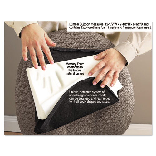 DELUXE LUMBAR SUPPORT CUSHION WITH MEMORY FOAM, 12.5W X 2.5D X 7.5H, BLACK