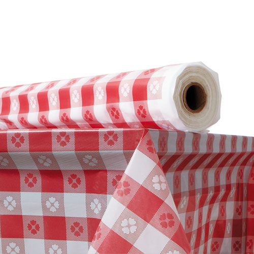 Plastic Table Cover, 40 x 300 ft Roll, Red Gingham