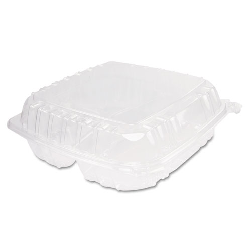 Image of Dart® Clearseal Hinged-Lid Plastic Containers, 3-Compartment, 9.4 X 8.9 X 3, Plastic, 100/Bag, 2 Bags/Carton