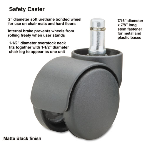 Safety Casters, Oversized Neck, Grip Ring Type B Stem, 2" Soft Polyurethane Wheel, Matte Black, 5/Set