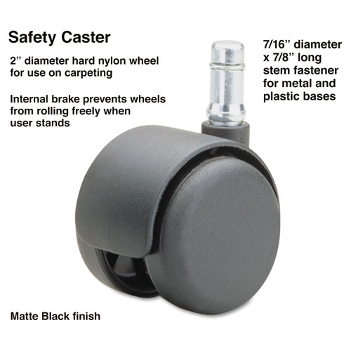 Master Caster® Safety Casters, Standard Neck, Grip Ring Type B Stem, 2" Hard Nylon Wheel, Matte Black, 5/Set