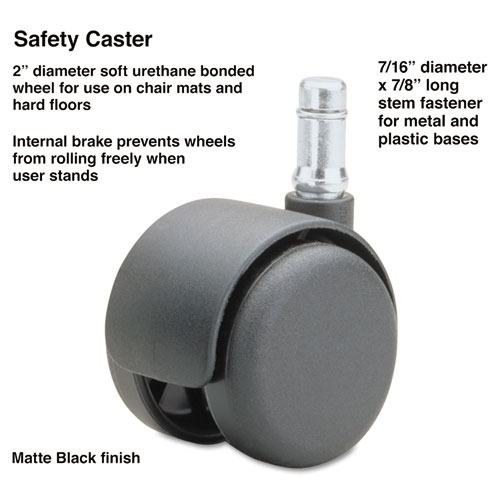 Master Caster® Safety Casters, Standard Neck, Grip Ring Type B Stem, 2" Soft Polyurethane Wheel, Matte Black, 5/Set