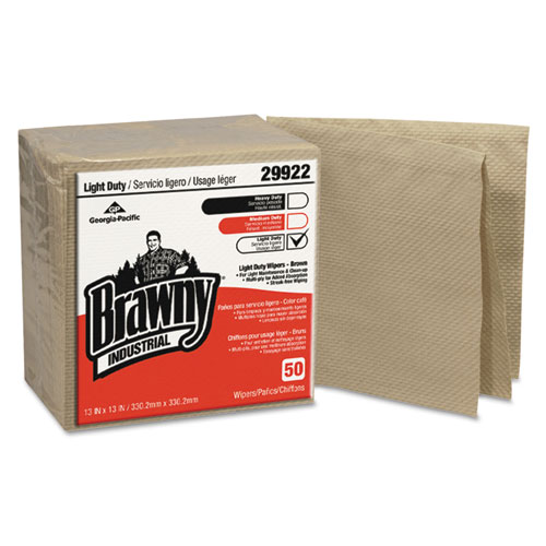 Brawny® Professional Light Duty Three-Ply Paper Wipers, Quarterfold, 3-Ply, 13 x 13, Brown, 50/Pack, 12/Carton