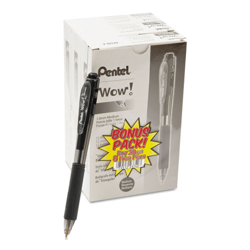 Image of Pentel® Wow! Ballpoint Pen Value Pack, Retractable, Medium 1 Mm, Black Ink, Black Barrel, 36/Pack