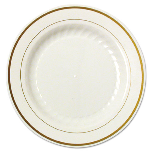 Masterpiece Plastic Plates, 9 In., Ivory W/gold Accents, Rnd, 10/pk, 12 Pk/ct