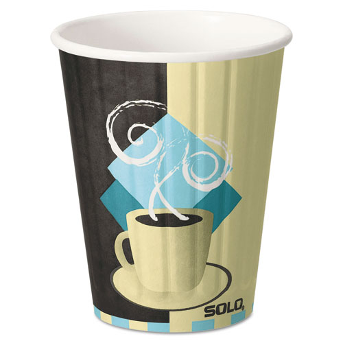 Duo Shield Hot Insulated 12oz Paper Cups, Tuscan, Chocolate/blue/beige, 40/pk