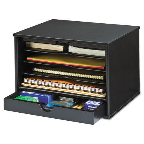 Midnight Black Collection Desktop Organizer, 5 Compartments, MDF, 13.3 x 10.5 x 9.4, Black